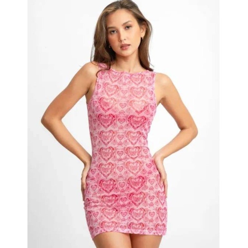 NWT Blackbough Pink Kiara Mini Mesh Dress Heart Print Pink Coquette Romantic